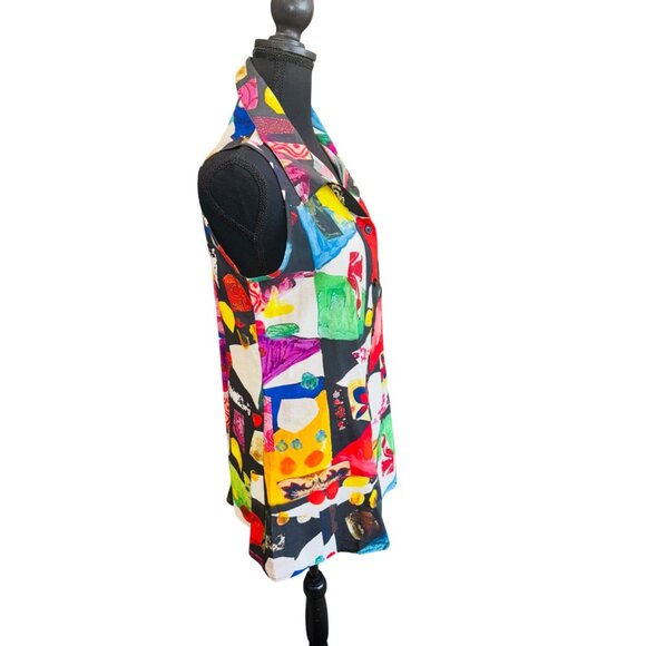 Retro 70s Colorful Sleeveless Button-Up Collared Blouse Top By Adore S Geometric - Picture 5 of 8